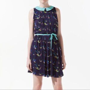 Zara Basic Peter Pan Collar Sleeveless Bird Print Dress